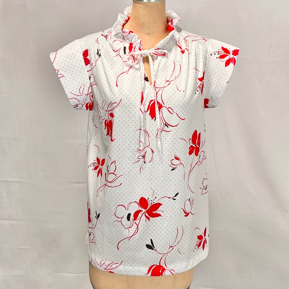 VINTAGE 70s floral ruffle bow tie neck short cap sleeve blouse‎ red flowers dots - Picture 8 of 8